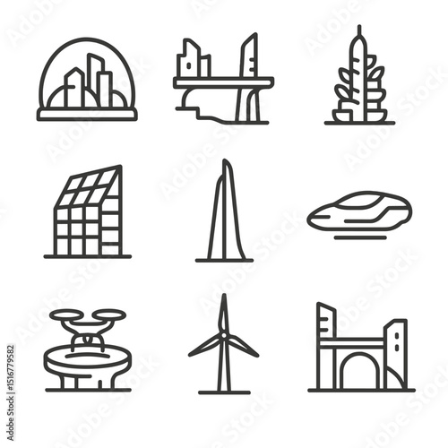 Futuristic Skyline Icons. Outline icon set of futuristic utopian skyline: glass dome, floating walkway, vertical garden, solar