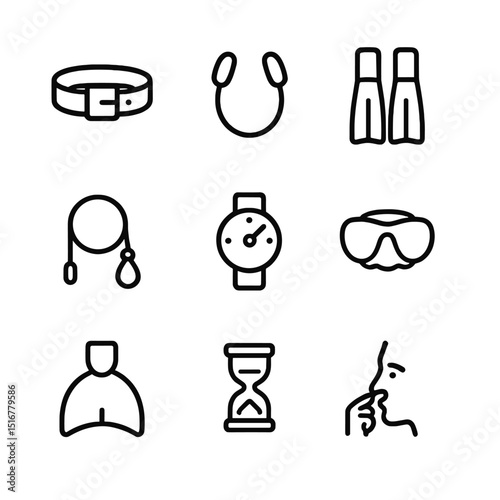 Freediving Gear Icons. Outline icon set of freediving and breath-hold: weight belt, nose clip, freedive fins, lanyard, depth gauge