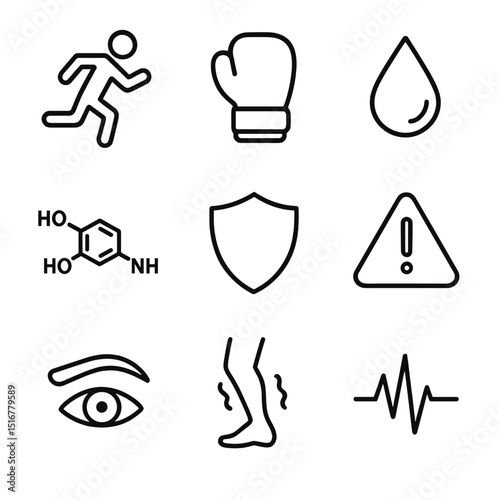 Flight-or-Fight Icon Set. Outline icon set of survival flight-or-fight: running silhouette, boxing glove, sweat droplet,