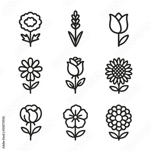 Flower Icon Grid. Outline icon set of flower bed separators: marigold bloom, lavender stalk, daisy head, tulip bud, rose spray,