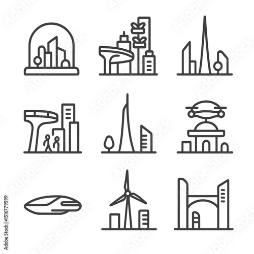 Futuristic Skyline Icons. Outline icon set of futuristic utopian skyline: glass dome, floating walkway, vertical garden, solar