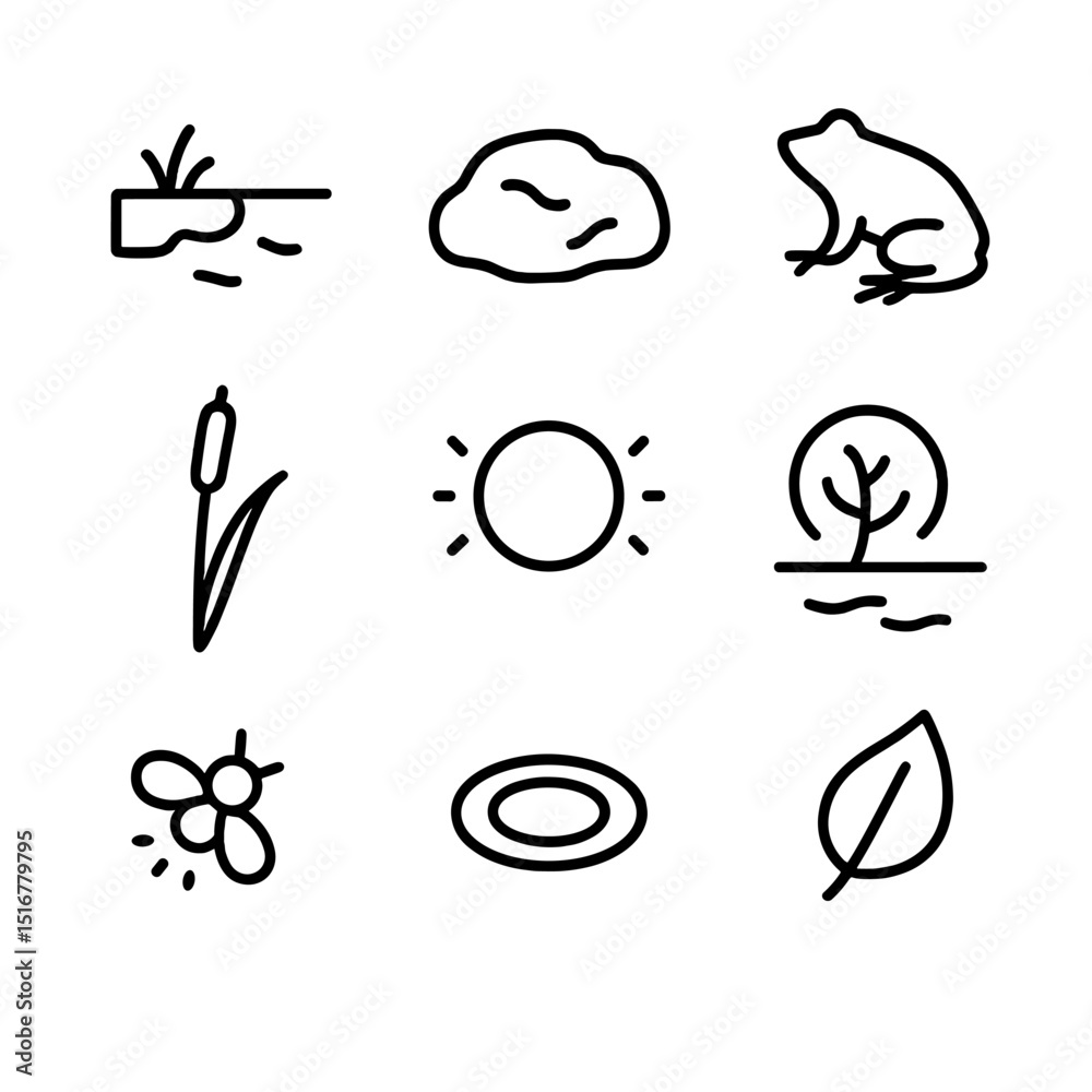 Fototapeta premium Moonlit Forest Icons. Outline icon set of forest pond under moonlight: pond edge, mossy rock, frog silhouette, cattail, moon halo,