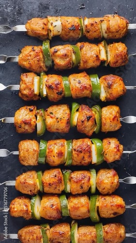 Grilled skewers with browned meat, zucchini, and bell peppers
