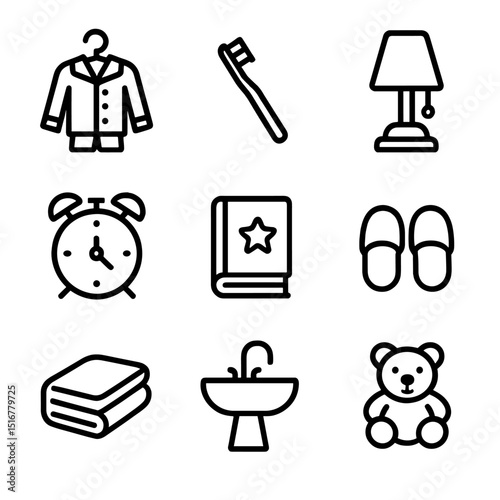 Kids Bedtime Icons. Outline icon set of kids bedtime routine: pajamas on hanger, toothbrush, night lamp, alarm clock, bedtime