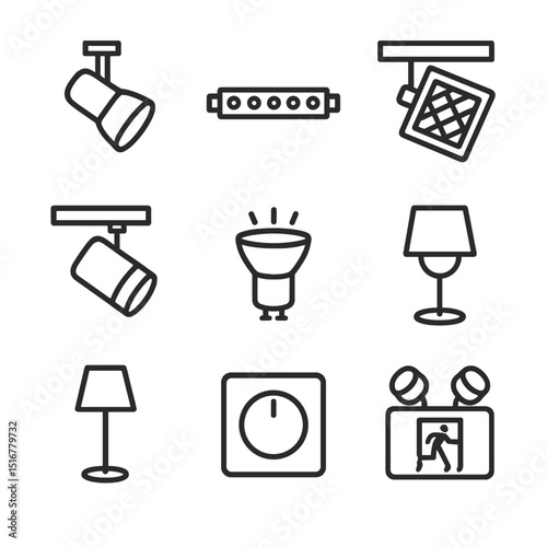 Lighting Setup Icons. Outline icon set of booth lighting setup: spotlight, LED strip, floodlight, track light, uplighter,