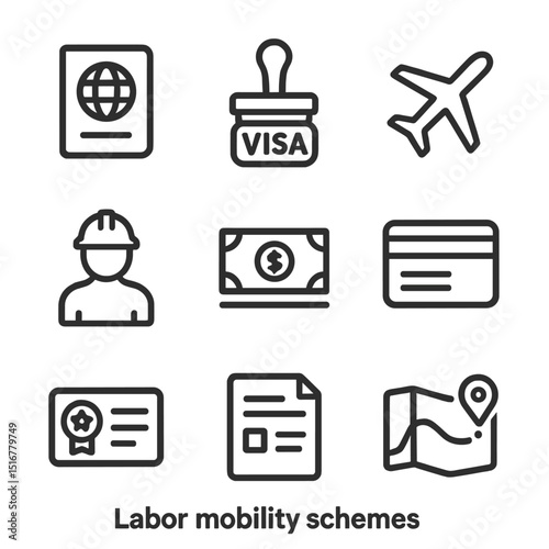 Labor Mobility Icons. Outline icon set of labor mobility schemes: passport, visa stamp, airplane, worker silhouette, salary money,