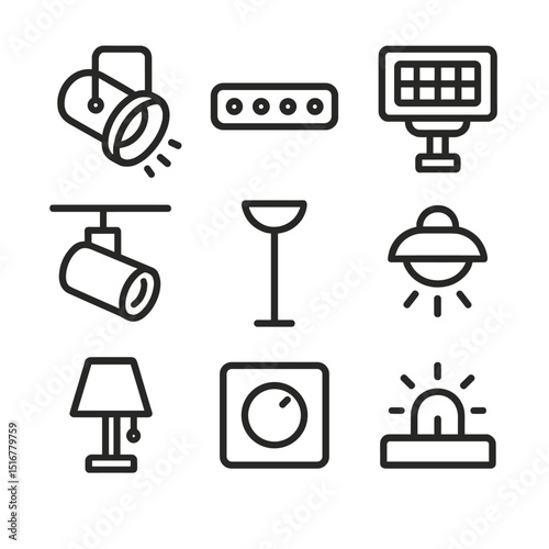 Lighting Setup Icons. Outline icon set of booth lighting setup: spotlight, LED strip, floodlight, track light, uplighter,