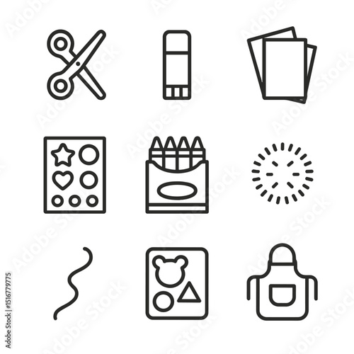 Kids Pajama Craft Icons. Outline icon set of kids pajama crafts: safety scissors, glue stick, colored paper, stickers sheet,