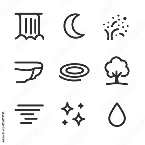 Moonlit Waterfall Icons. Outline icon set of waterfall under moonlight: waterfall curtain, moon icon, mist spray, rock ledge, pool