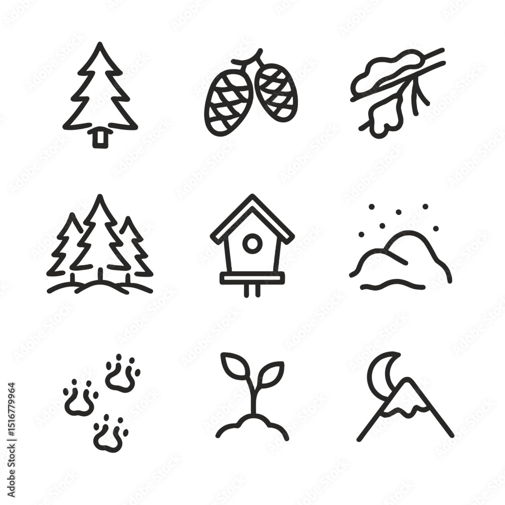Fototapeta premium Pine Grove Icon Set. Outline icon set of pine tree grove in snow: pine silhouette, cone cluster, snow-laden branch, forest floor,