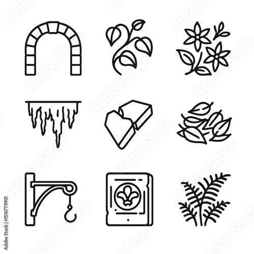 Overgrown Archway Icons. Outline icon set of overgrown archway: stone arch, twining vine, flowering clematis, hanging moss, broken