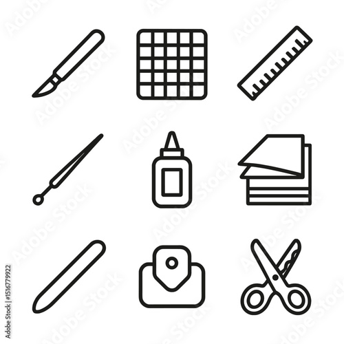Papercraft Tools Icons. Outline icon set of papercraft station: craft knife, cutting mat, metal ruler, scoring tool, glue bottle,