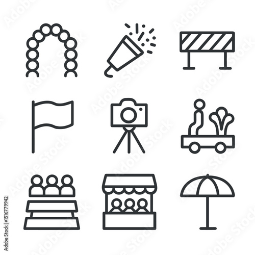 Parade Icon Set. Outline icon set of parade spectators: balloon arch, confetti cannon, street barrier, flag waved, camera on