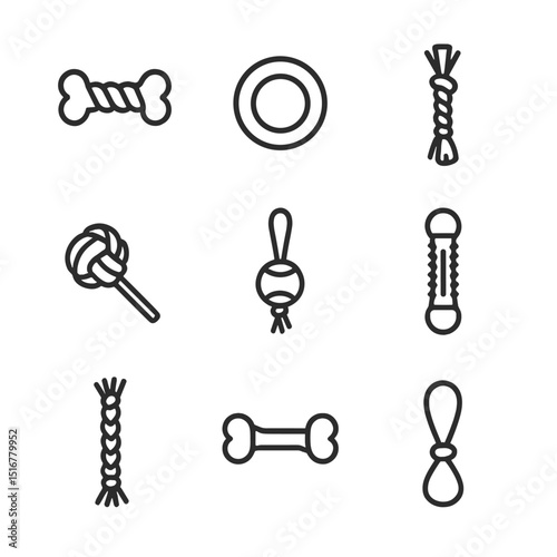 Pet Toy Icons. Outline icon set of chew and tug toys: rope bone, rubber ring, fleece tug rope, knot toy, tennis ball on rope,