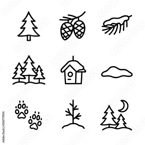Pine Grove Icon Set. Outline icon set of pine tree grove in snow: pine silhouette, cone cluster, snow-laden branch, forest floor,