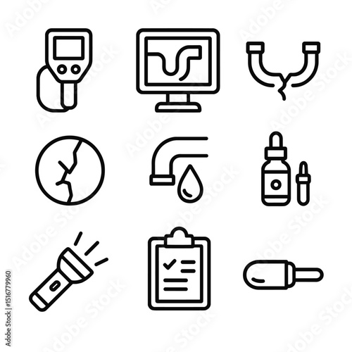 Pipe Inspection Icons. Outline icon set of pipe inspection: inspection camera, monitor screen, pipe segment, crack icon, water