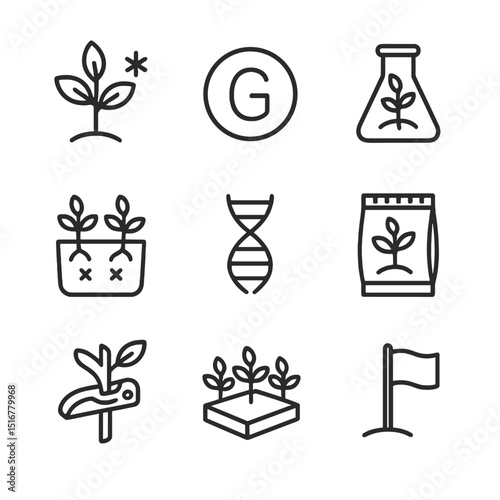 Plant Resistance Icons. Outline icon set of host plant resistance strategies: resistant plant silhouette, gene symbol,