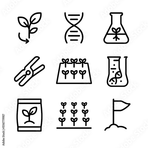 Plant Resistance Icons. Outline icon set of host plant resistance strategies: resistant plant silhouette, gene symbol,