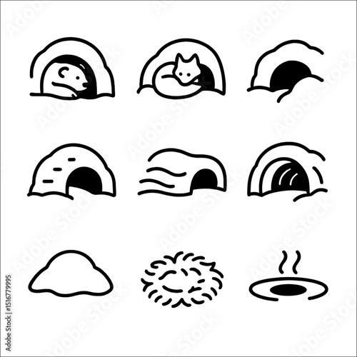 Polar Den Icons. Outline icon set of polar den burrows: polar bear den, arctic fox burrow, snowdrift entrance, ice cave chamber,