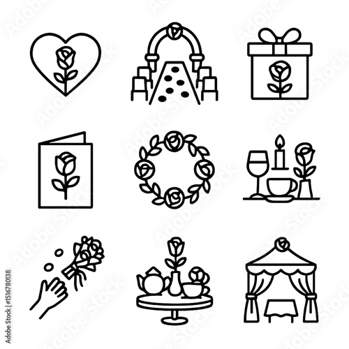 Rose Celebration Icons. Outline icon set of rose-themed celebrations: Valentine’s heart rose, wedding aisle petals, anniversary