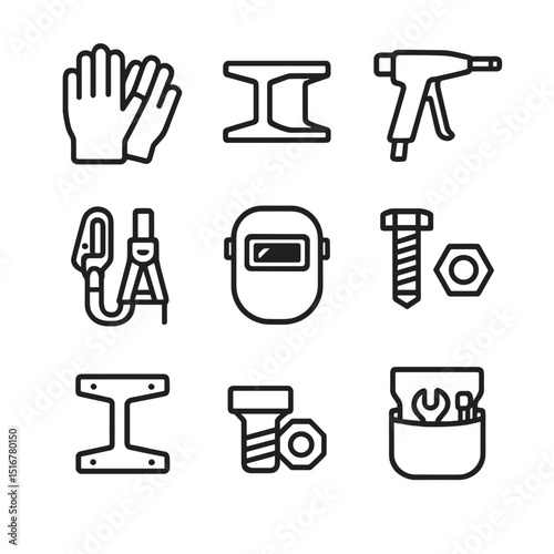 Safety Tools Icon Set. Outline icon set of safety gloves on steel beam: work gloves, steel beam, rivet gun, safety harness hook,