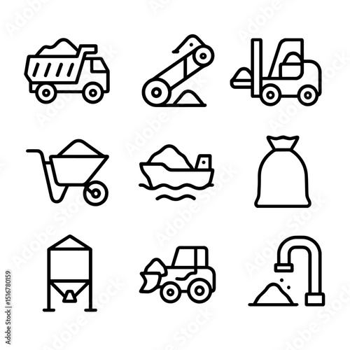 Sand Transport Icons. Outline icon set of sand transportation: dump truck, conveyor belt, forklift, wheelbarrow, cargo ship,