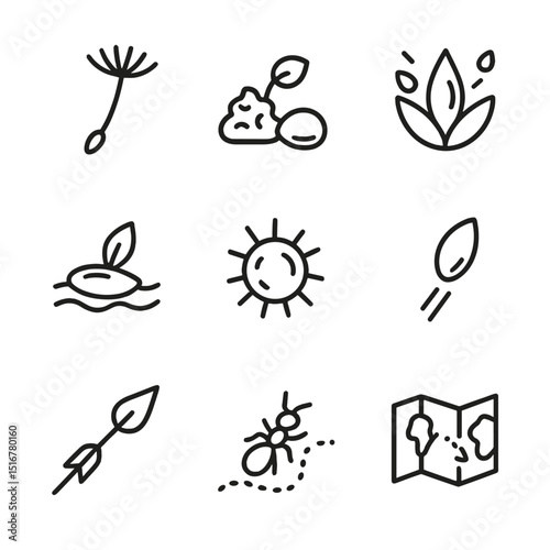 Seed Dispersal Icons. Outline icon set of seed dispersal mechanisms: wind seed parachute, animal droppings, explosive pod, water