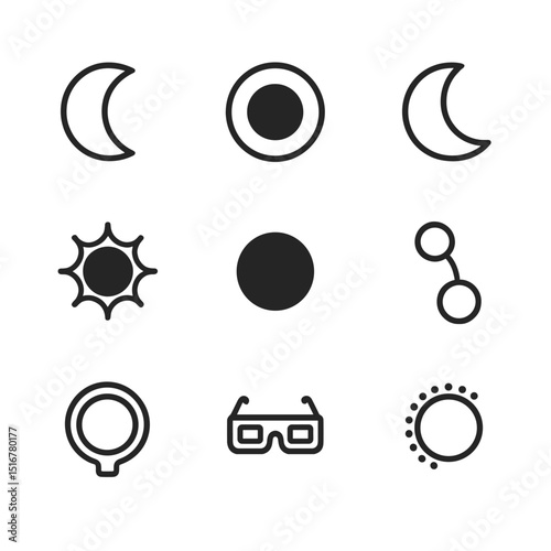 Solar Eclipse Icons. Outline icon set of solar eclipse events: partial eclipse, total eclipse, crescent sun, corona, moon