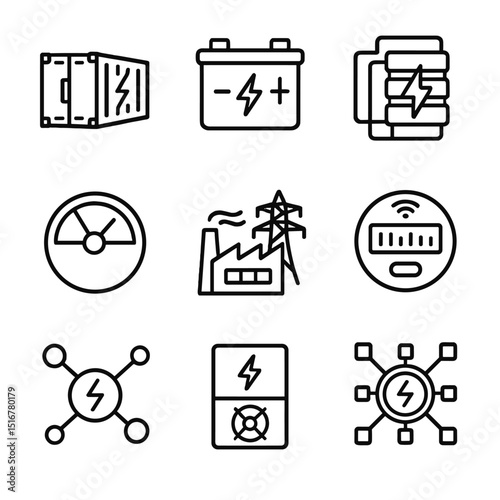 Smart Grid Icons. Outline icon set of smart grid and energy storage: battery storage container, grid-scale battery, flow battery