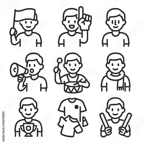 Sports Fan Icon Set. Outline icon set of sports stadium fans: team flag, foam finger, face paint, megaphone, drum, jersey, scarf,