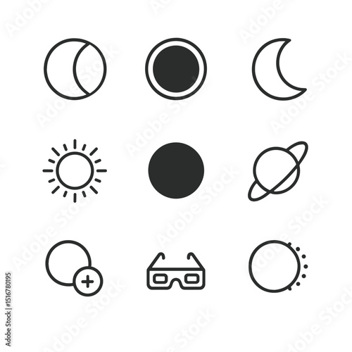 Solar Eclipse Icons. Outline icon set of solar eclipse events: partial eclipse, total eclipse, crescent sun, corona, moon