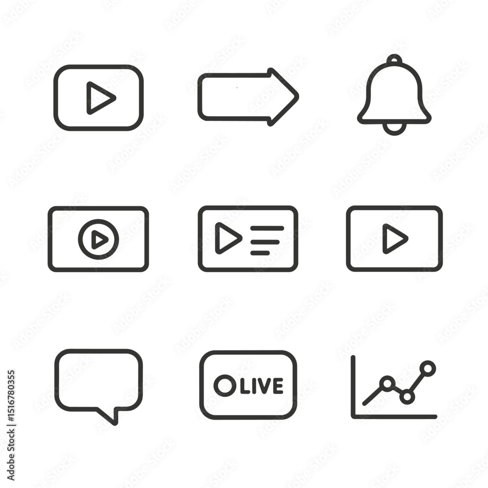 Video Channel Icons. Outline icon set of online video channels: play button, subscribe icon, bell notification, channel banner, Video Channel Icons. Outline icon set of online video channels: play button, subscribe icon, bell notification, channel banner,