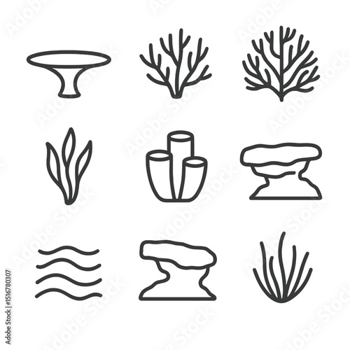 Underwater Flora Icons. Outline icon set of underwater flora and formations: table coral, staghorn coral, sea fan, seaweed frond,