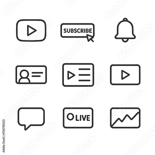 Video Channel Icons. Outline icon set of online video channels: play button, subscribe icon, bell notification, channel banner,