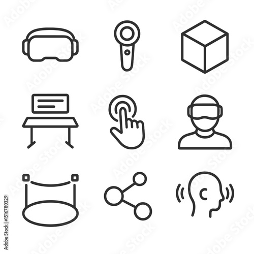 Virtual Classroom Icons. Outline icon set of virtual reality classroom gear: VR headset, motion controller, 3D cube, virtual desk,
