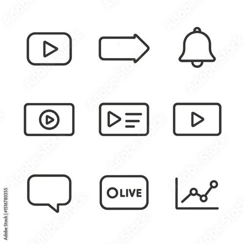 Video Channel Icons. Outline icon set of online video channels: play button, subscribe icon, bell notification, channel banner,