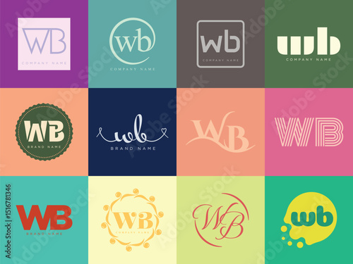 WB logo company template. Letter w and b logotype. Set different classic serif lettering and modern bold text with design elements. Initial font typography.