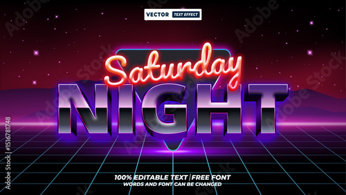 Saturday night: 80s retro-style 3d editable vector text effect. Bold 80s futuristic, synthwave electric neon typography design.