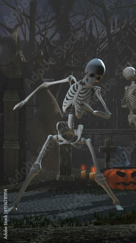 Seamless vertical video of skeletons dancing salsa in a cemetery at night. Funny halloween background.