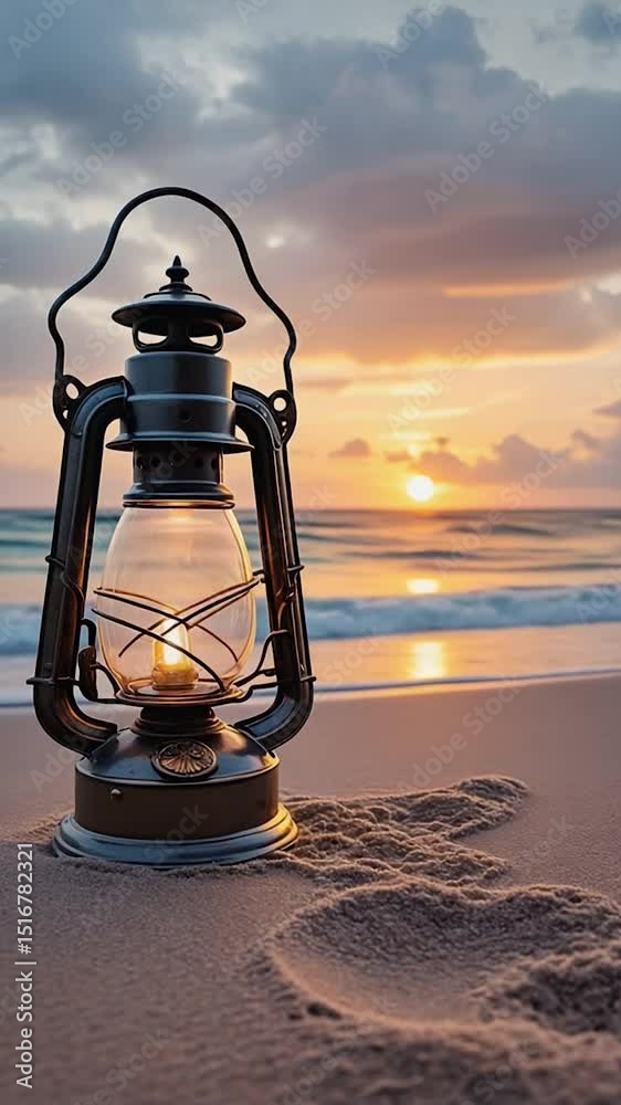 Vintage kerosene lantern on a beach at sunrise