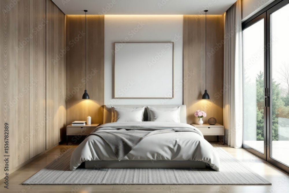 Fototapeta premium Minimalist bedroom, sleek lines, geometric decor, space, elegant