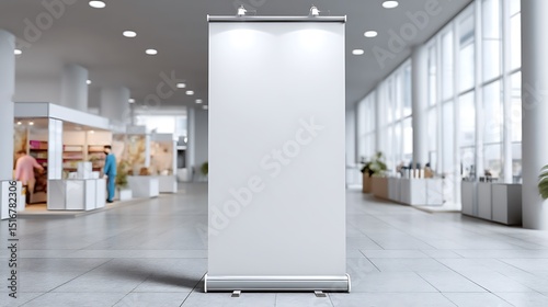 A blank roll-up banner displayed at a trade show, showcasing its potential for advertising, with a clean mockup design set in an exhibition setting.