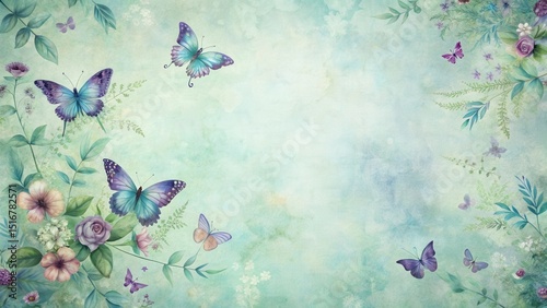 Serene Aqua Background Featuring Delicate Butterflies and Blooming Flowers in a Watercolor Style