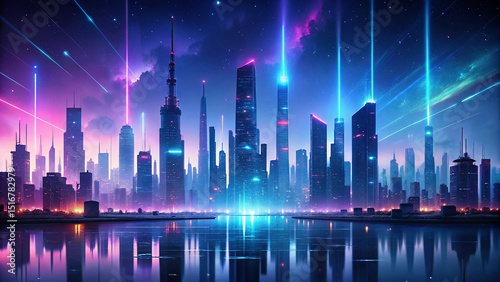 Futuristic cityscape neon lights night skyline reflection