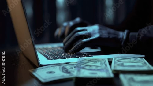 Wallpaper Mural Top view on the hands of an attacker programmer hacking a data server from his laptop. Money is thrown on the table, lies a telephone, a gun, and a mask. The concept of cybercrime and hacking database Torontodigital.ca