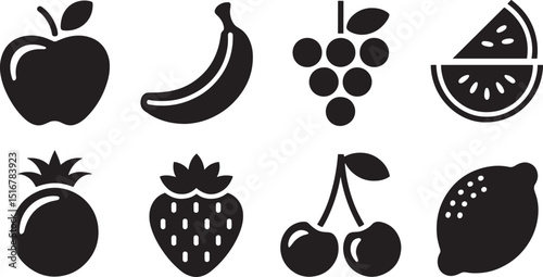 Flat Vector Fruit Icons Set on Black Background Healthy Food and Natural Nutrition Elements for Diet and Lifestyle