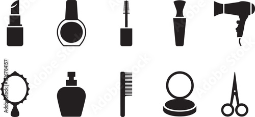 Flat Vector Icons of Beauty and Personal Care Products on Black Background for Graphic Design and Web Design Projects