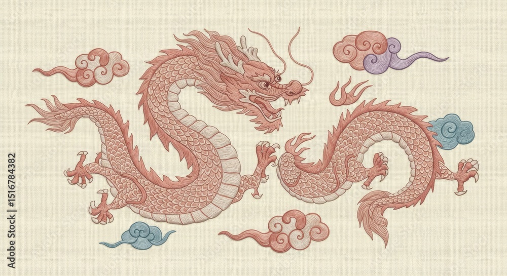 Obraz premium Digital Embroidery Style Illustration of a Chinese Dragon and Clouds