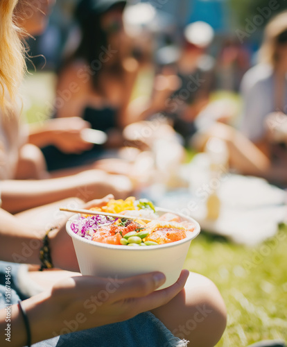 Enjoying fresh salad in a park during a sunny outdoor gathering with friends