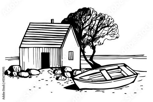 Hand-drawn  house and boat on the seashore. Vector sketch illustration